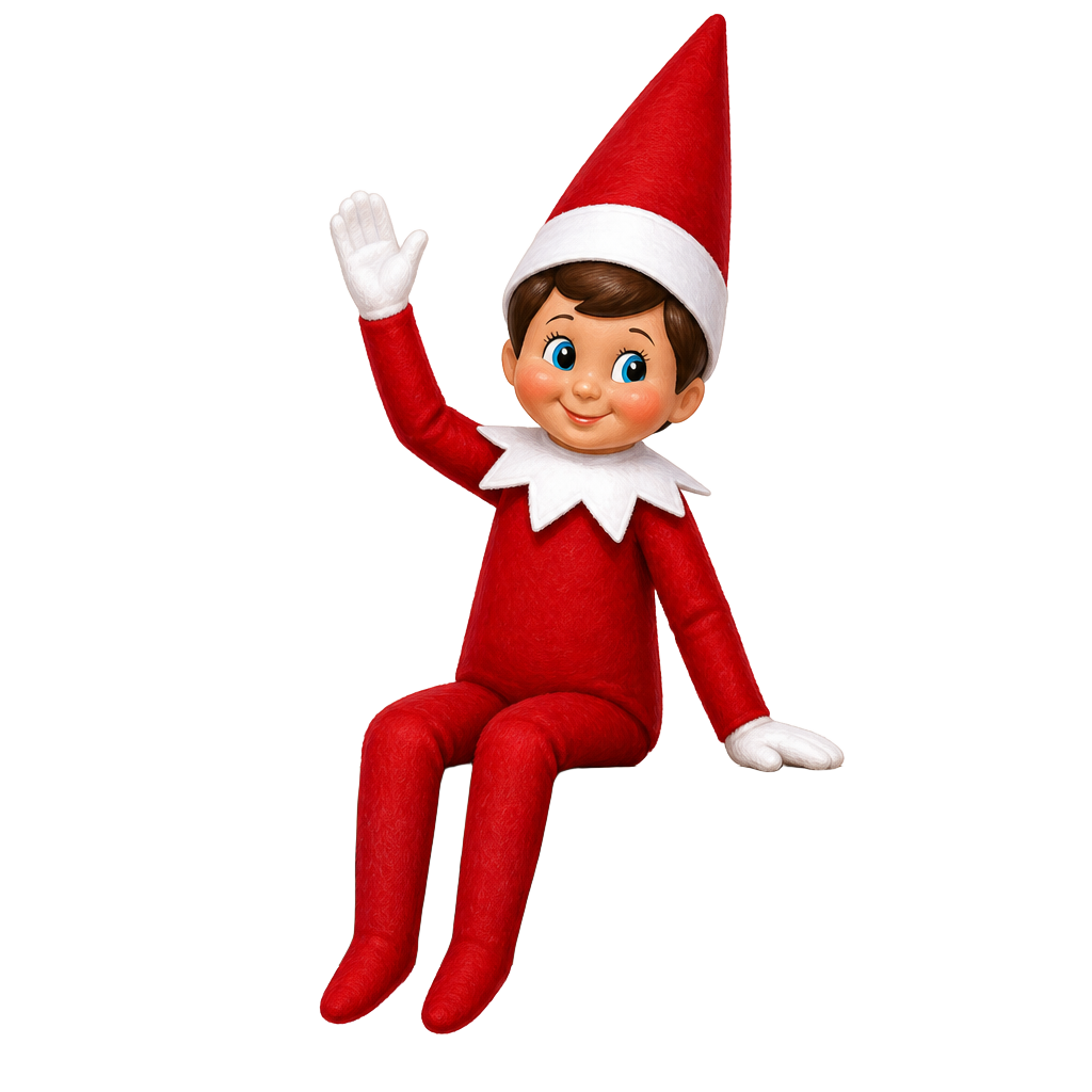 A scout elf in a red suit sitting on a shelf waving hello