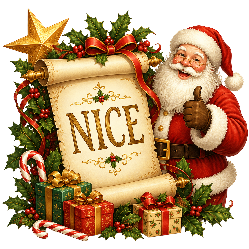 A festive Nice List parchment scroll with holly, presents and Santa