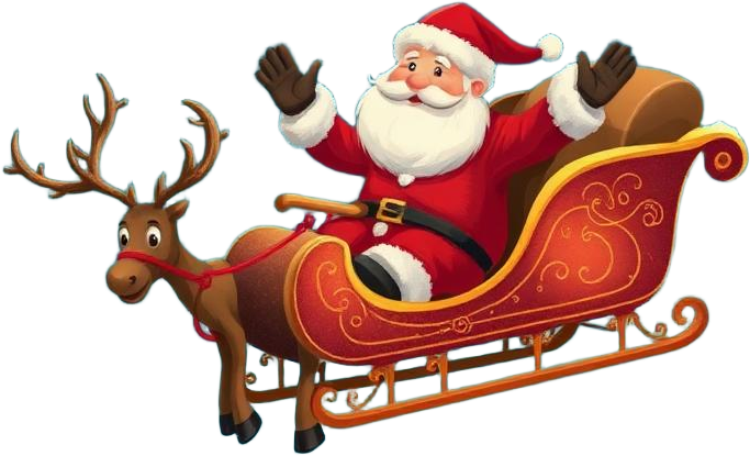 Santa waving from his sleigh pulled by a reindeer