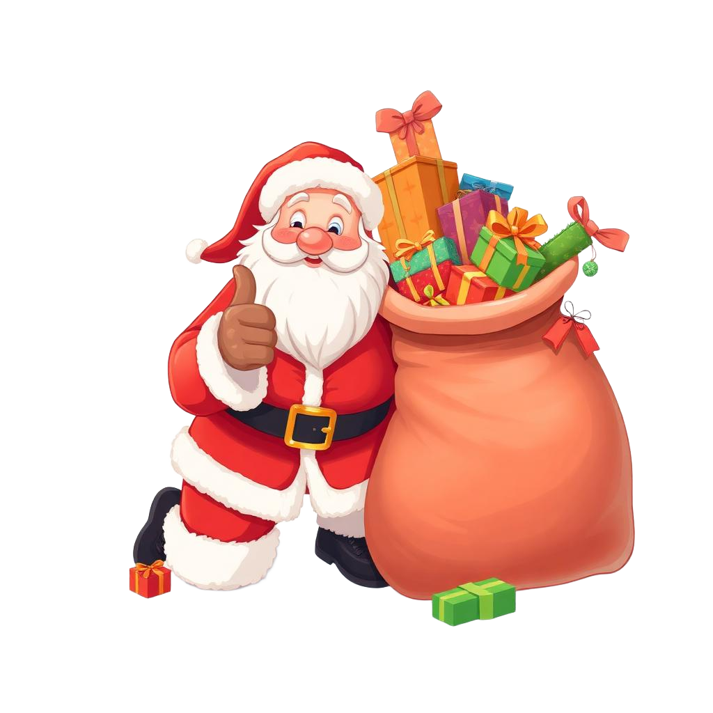 Santa beside a sack overflowing with wrapped presents