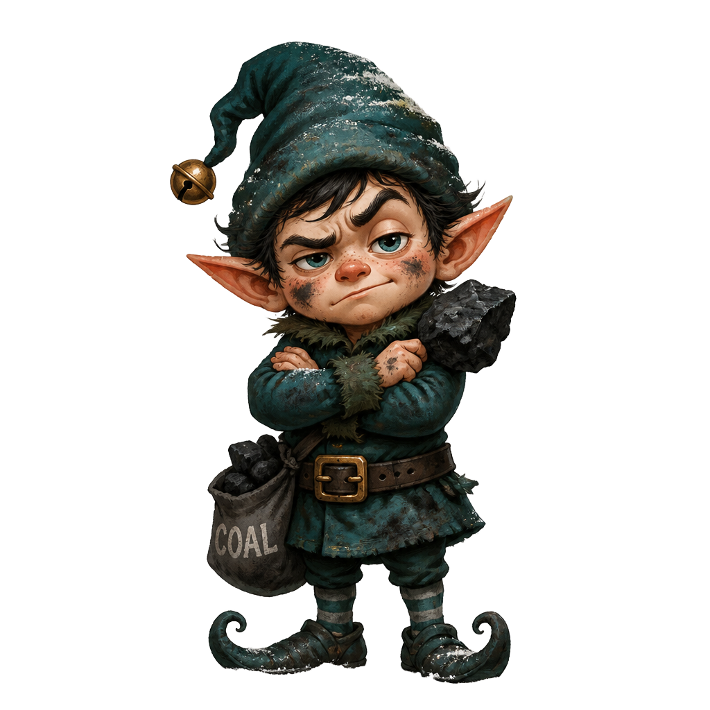 A grumpy Christmas elf holding a lump of coal